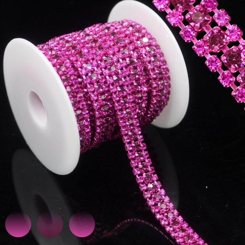 PEARLY JUN 3 Yards 3 Rows Fushia Rhinestone Chain Bling Crystal Trips Diamond Applique Silver Fringe Trim for Crafts Dress Applique Clothing Sewing Embellishments - Image 1